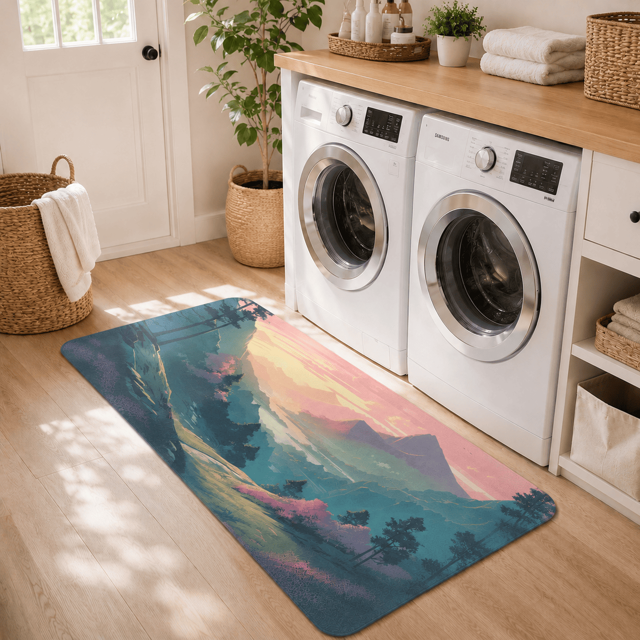 Mountain Floral Floor Mat Quick Dry Super Absorbent Non Slip Serene Valley Decor