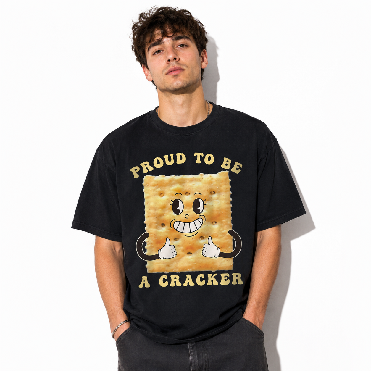 Proud To Be A Cracker Funny Graphic T-Shirt Food Pun Humor Black Tee