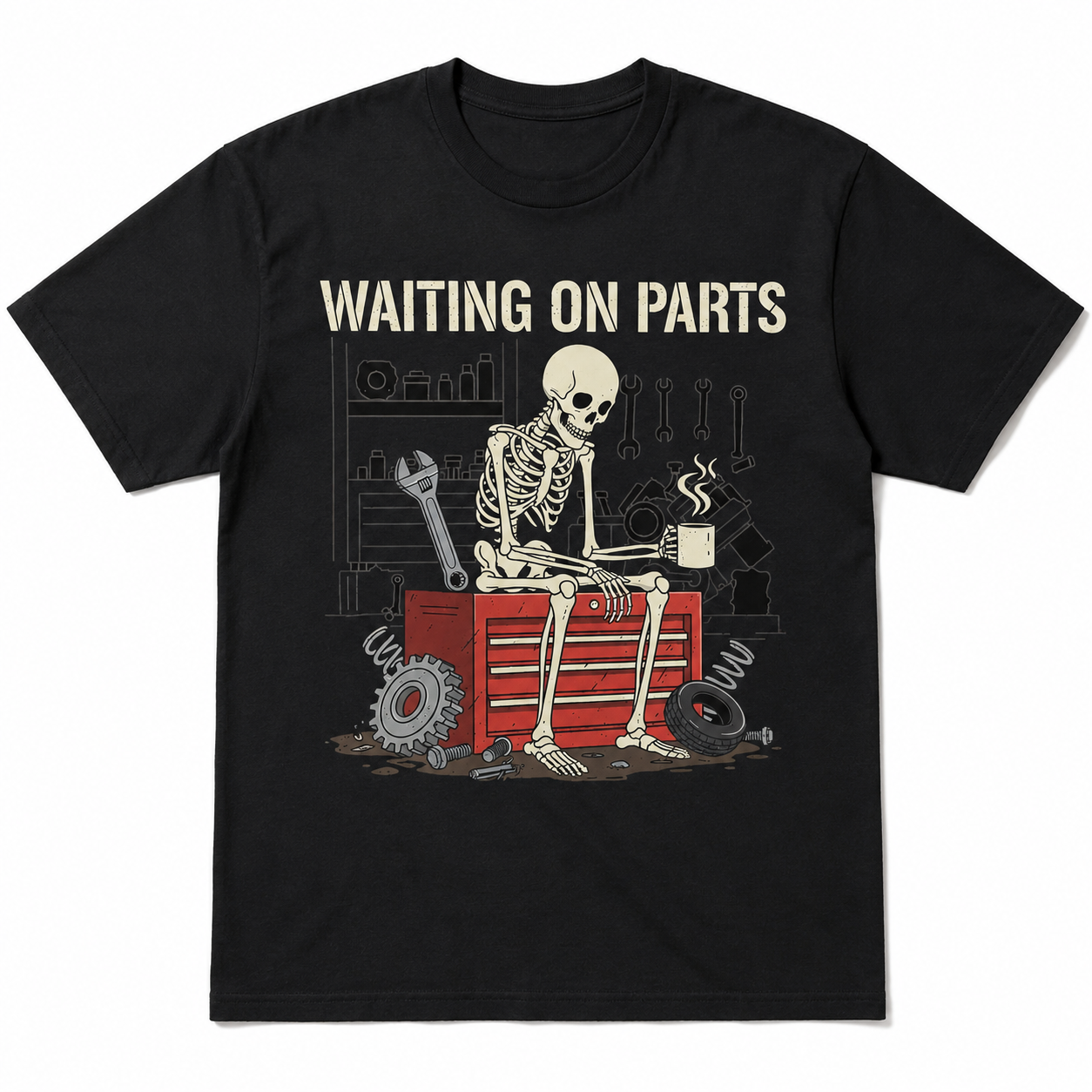 Funny Mechanic Skeleton T-Shirt | Waiting On Parts Graphic Tee