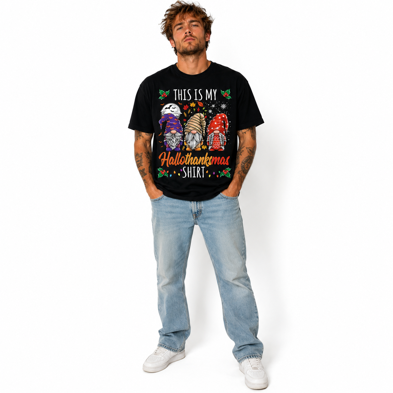 Hallothanksmas Gnomes Halloween Thanksgiving Christmas Men's T-Shirt