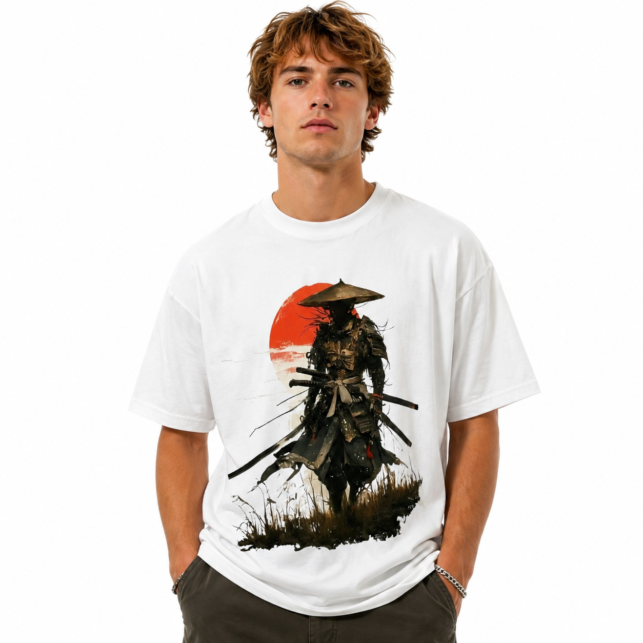 Vintage Samurai Red Sun Graphic T-Shirt Japanese Armor Streetwear Tee