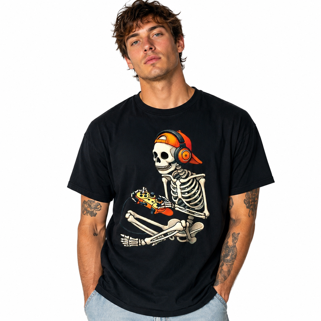 Skeleton Gamer Halloween Gaming Headphones Controller Graphic Men's T-Shirt