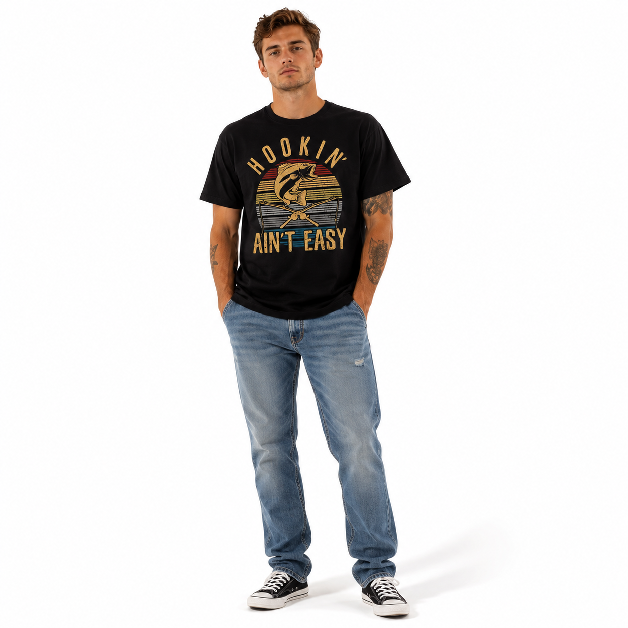 Hookin' Ain't Easy Vintage Fishing Graphic T Shirt Fish Hook Angler Gift