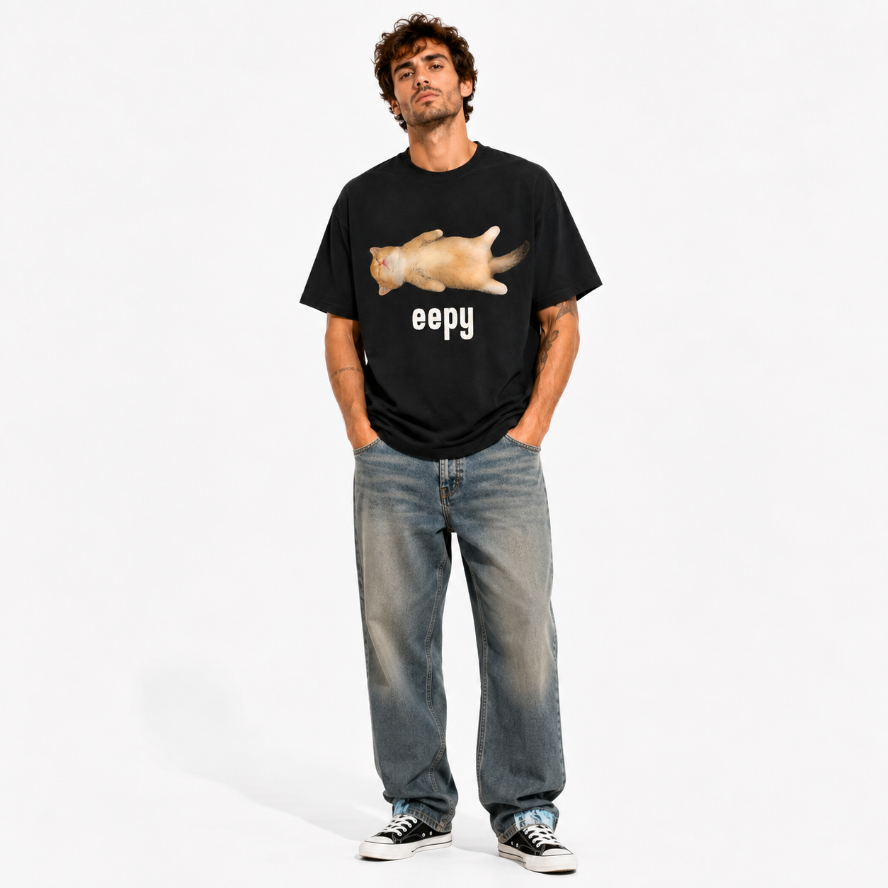 Funny Eepy Sleeping Cat Graphic T-Shirt Cute Meme Tee for Men