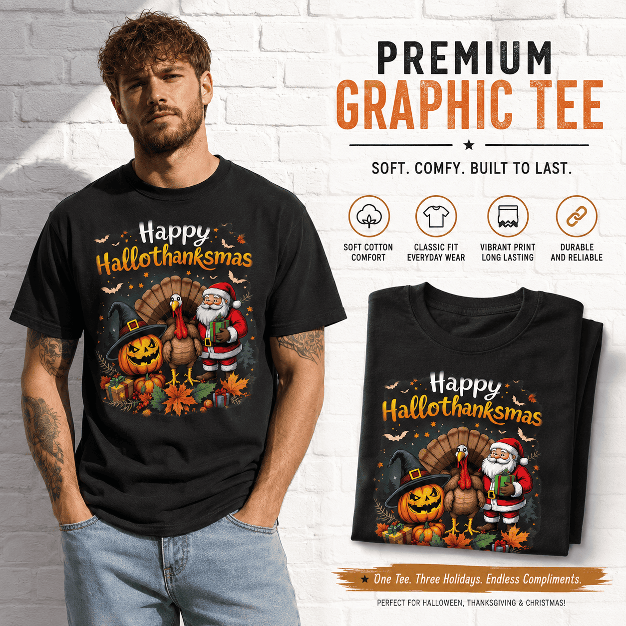 Happy Hallothanksmas Halloween Thanksgiving Christmas Graphic Men's T-Shirt