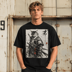 Samurai Cat Ukiyo-E Graphic T-Shirt Japanese Warrior Ink Art Streetwear Tee