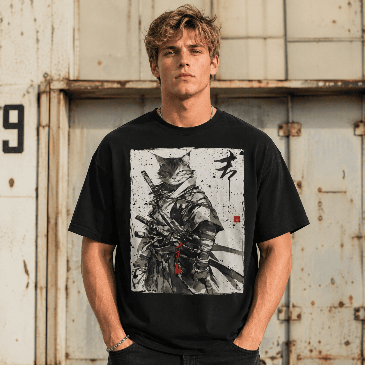 Samurai Cat Ukiyo-E Graphic T-Shirt Japanese Warrior Ink Art Streetwear Tee