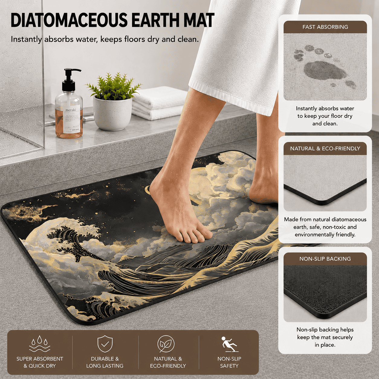 Japandi Bath Rug Moon & Stars Quick Dry Super Absorbent Non Slip