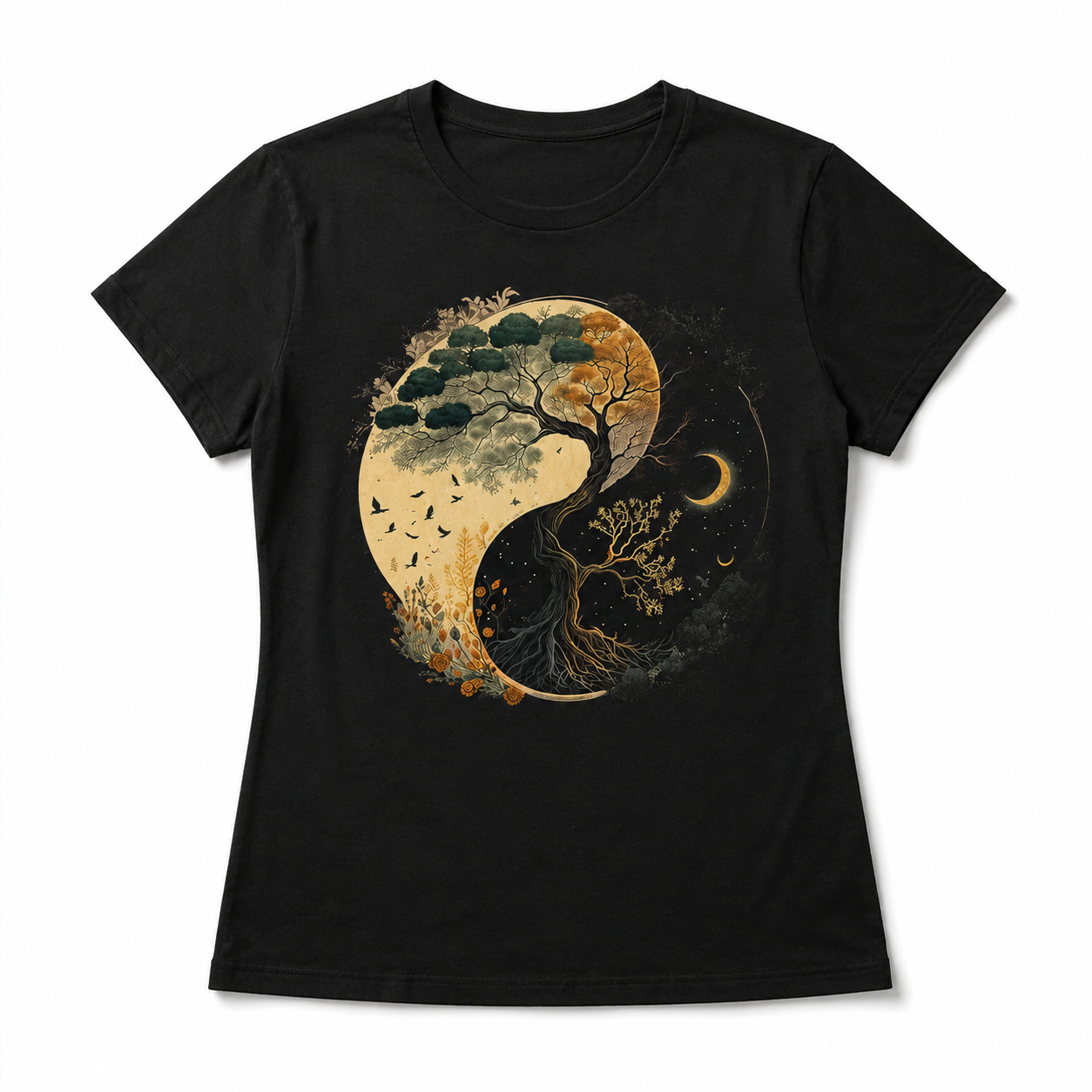 Women Yin Yang Tree Of Life Graphic T-Shirt Spiritual Casual Crew Neck Tee Top