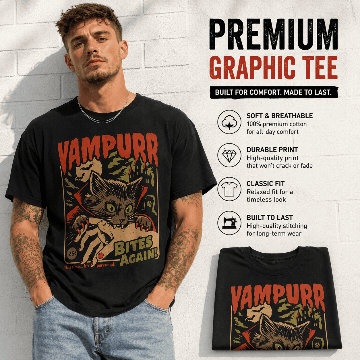 Vampurr Bites Again Vampire Cat Halloween Spooky Vintage Graphic Men's T-Shirt