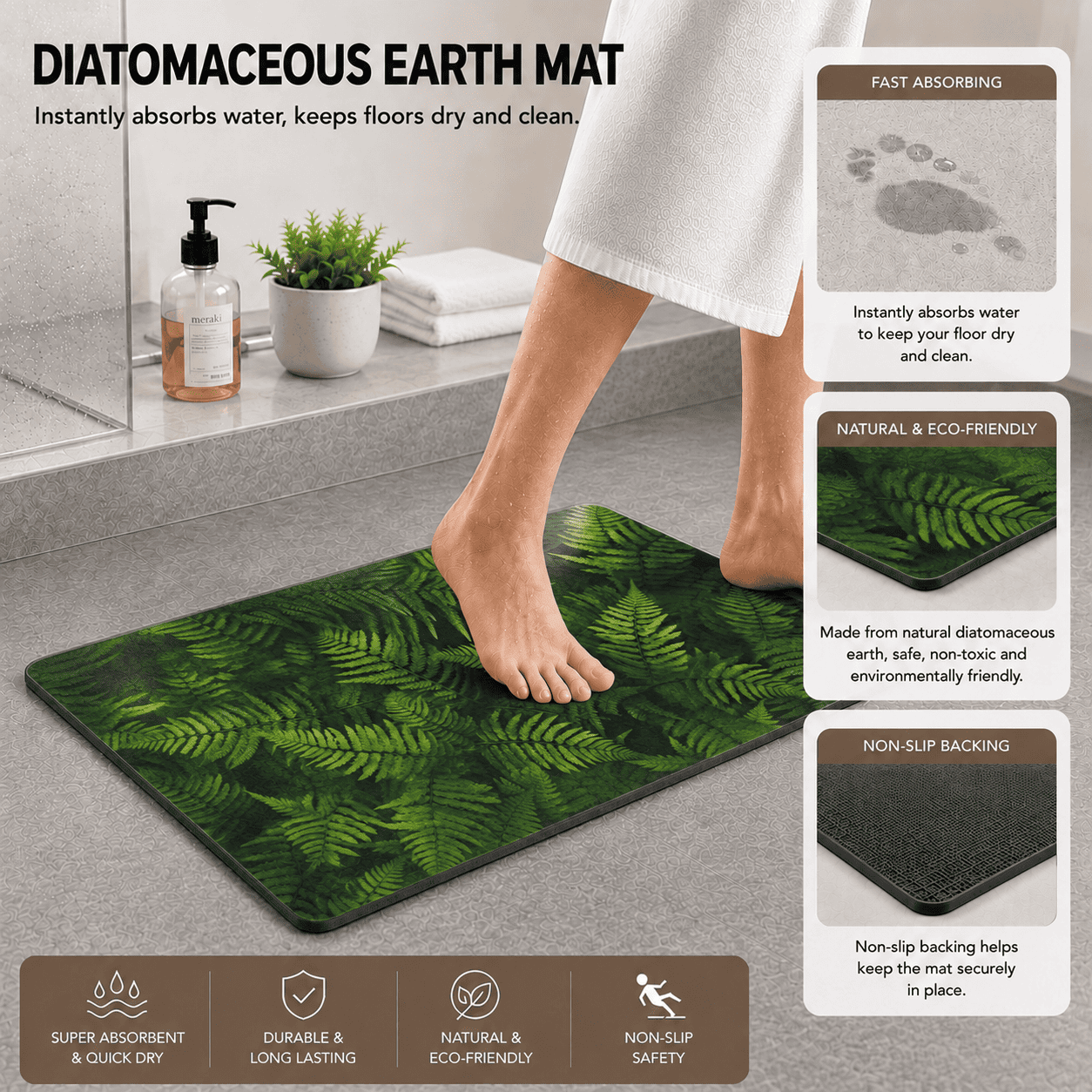 Vibrant Fern Door Mat Quick Dry Super Absorbent Non Slip Botanical Decor