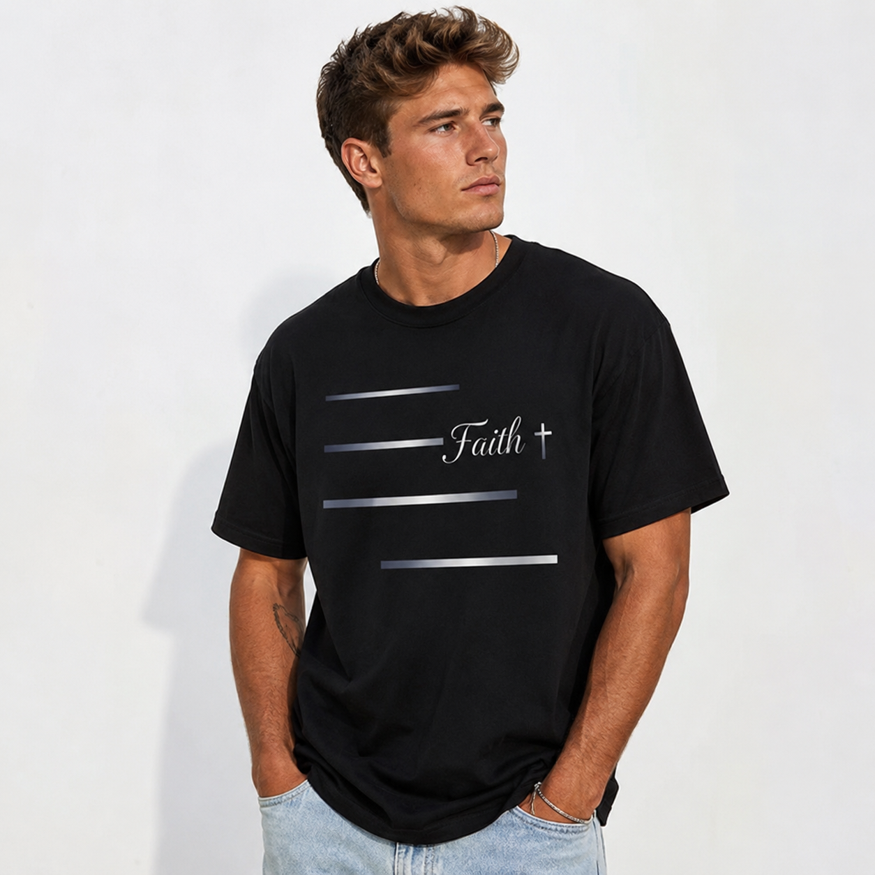 Faith Cross Christian Graphic T-Shirt Minimalist Religious Tee for Men