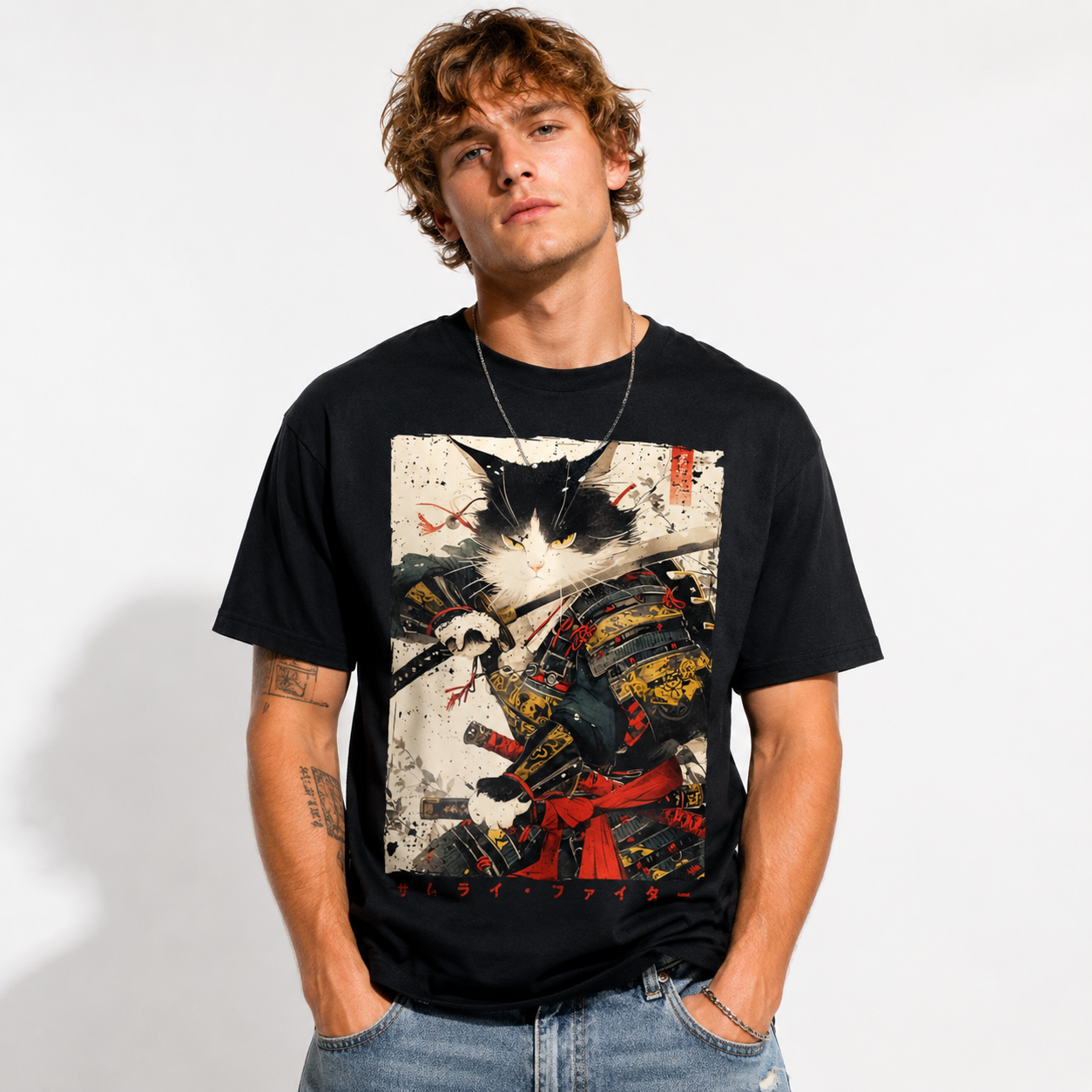 Samurai Cat Warrior T-Shirt Ukiyo Ink Japanese Art Graphic Streetwear Tee