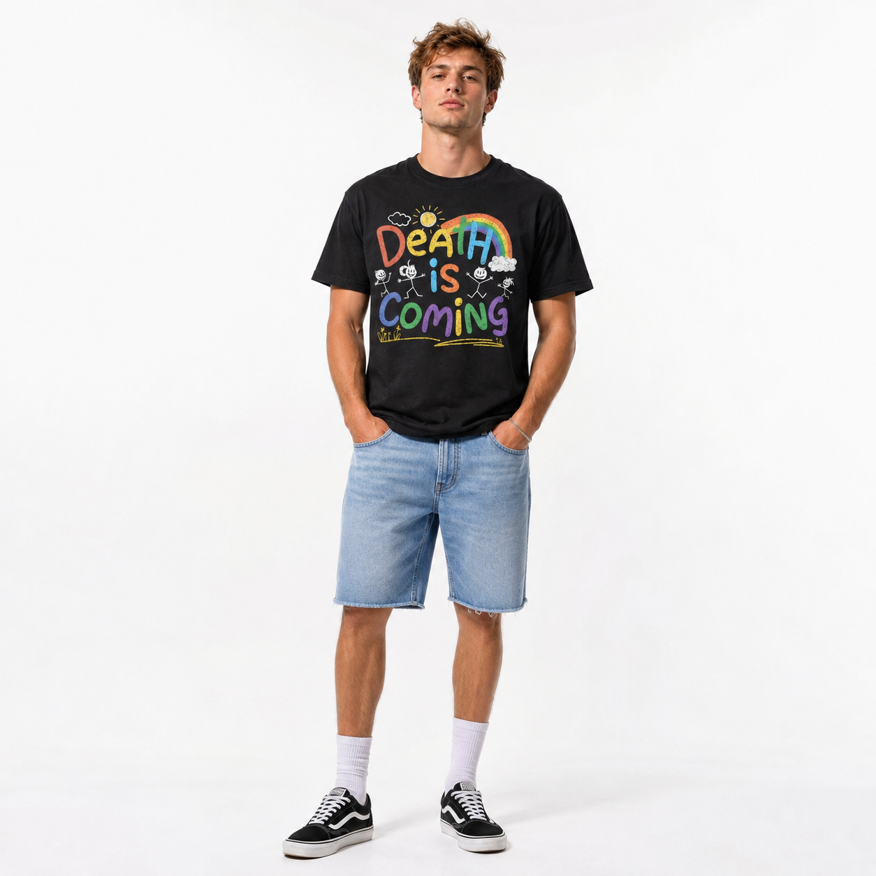 Death Is Coming Funny Dark Humor Rainbow Skeleton Halloween Men's T-Shirt
