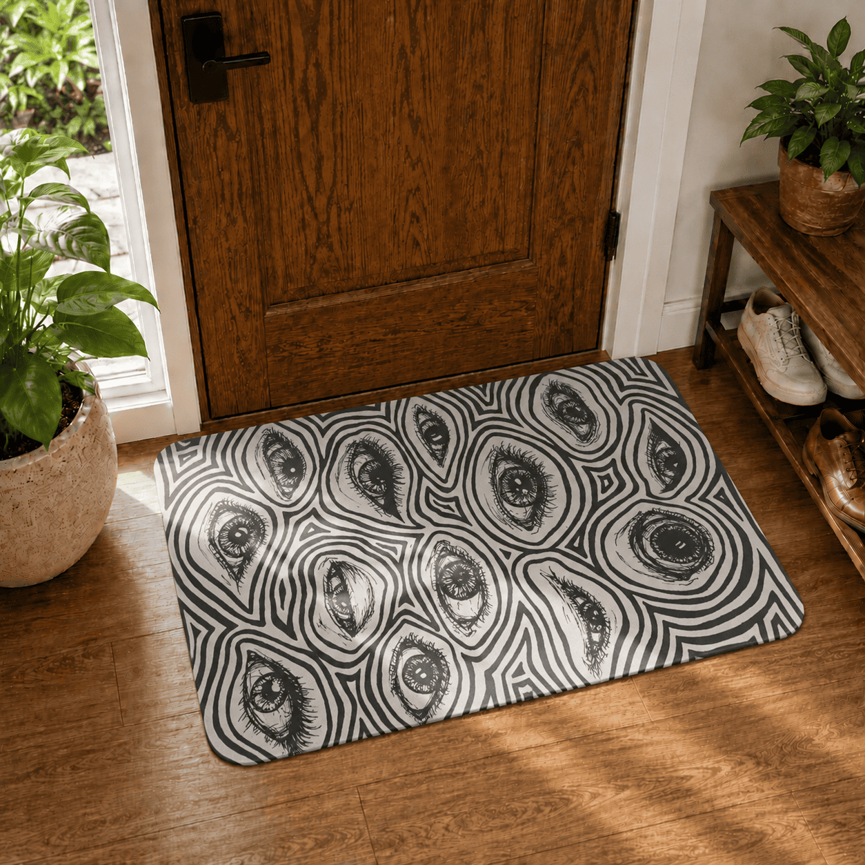 Trippy Eyes Entryway Mat Quick Dry Super Absorbent Non Slip Black White Decor