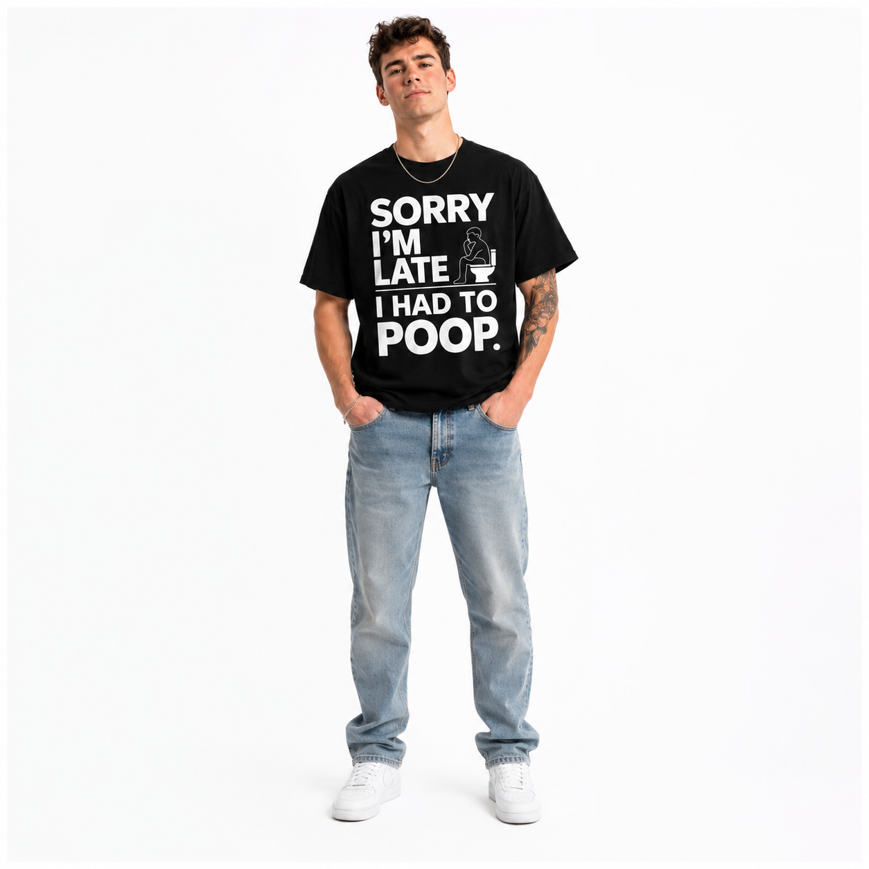 Sorry I'm Late I Had to Poop Funny Bathroom Humor Men's T-Shirt