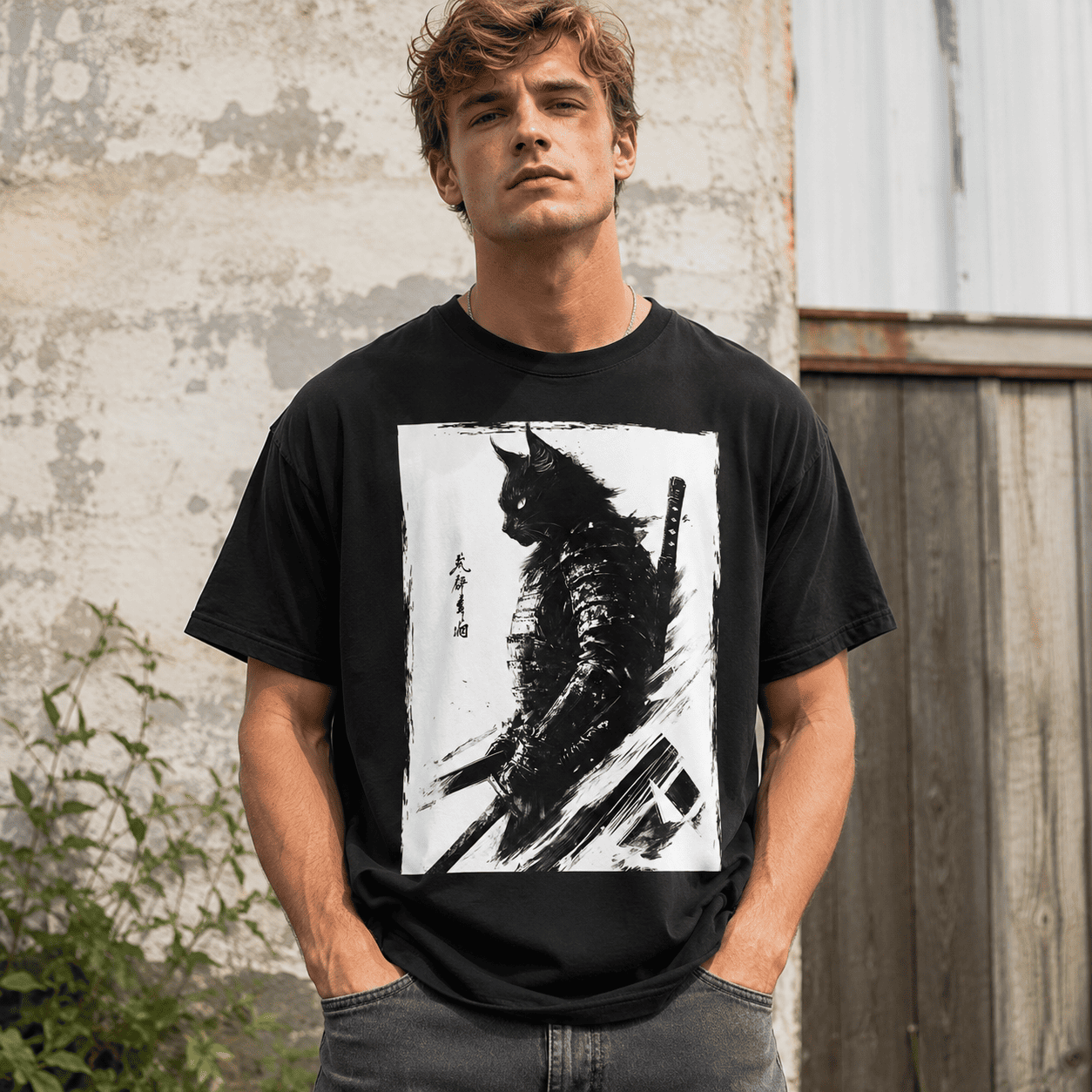 Vintage Japanese Samurai Warrior Cat Graphic Unisex T-Shirt Anime Style Art Tee
