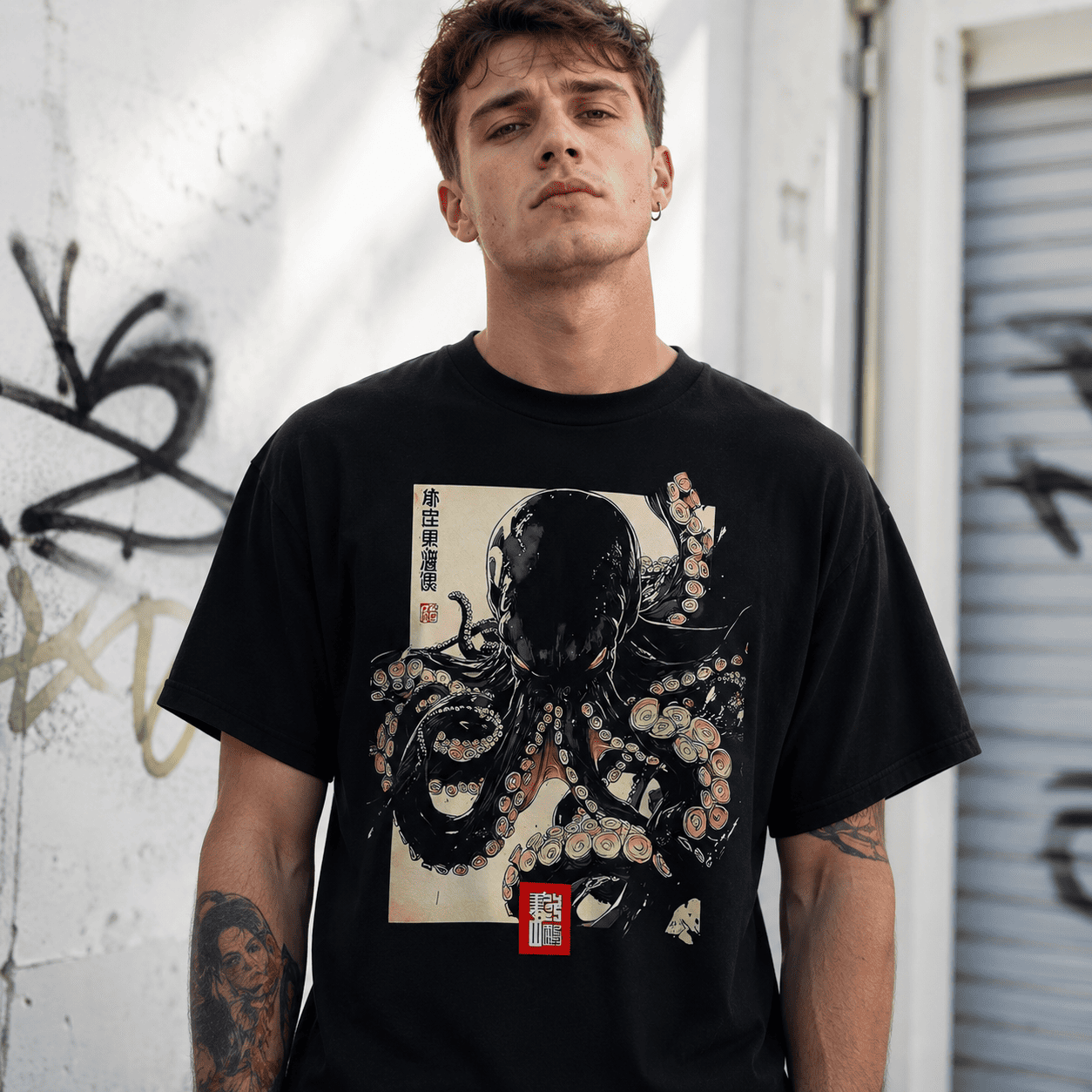 Dark Octopus Japanese Art Graphic T-Shirt Retro Ocean Streetwear Casual Tee