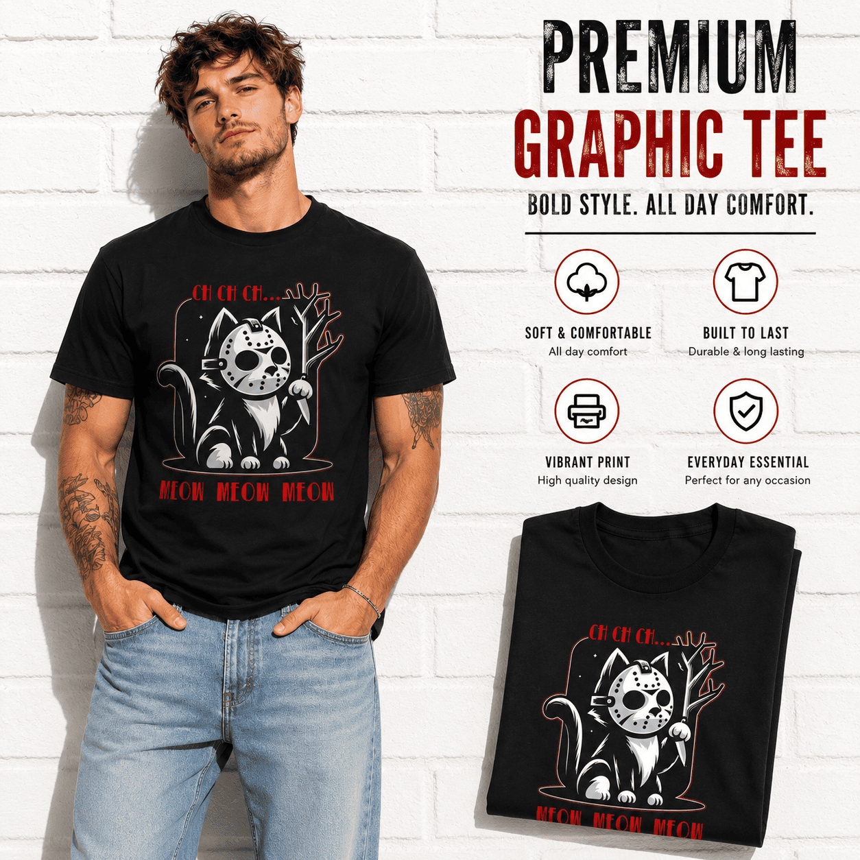 Funny Killer Cat Hockey Mask Meow Halloween Horror Graphic Men's T-Shirt