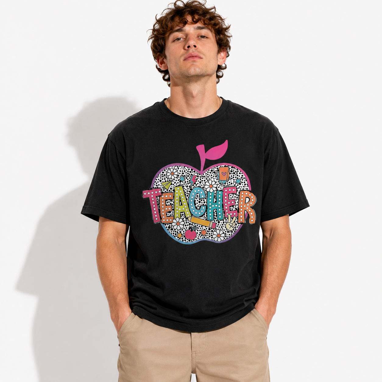 Colorful Teacher Apple Graphic T-Shirt School Gift Tee for Men