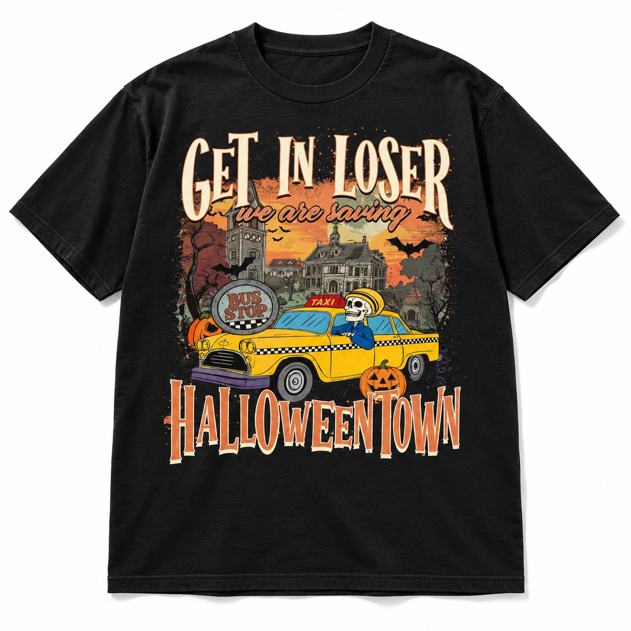 Get In Loser We're Saving Halloween Funny Spooky Taxi Graphic Men's T-Shirt