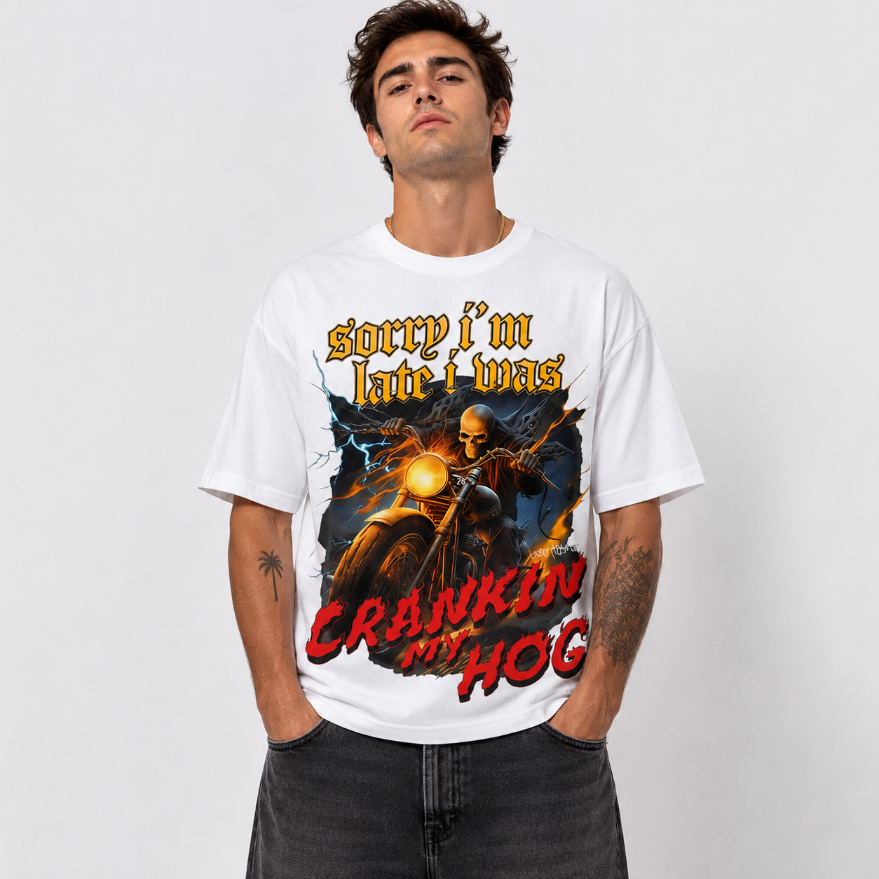 Men's Funny Skeleton Biker Graphic T-Shirt Vintage Motorcycle Tee