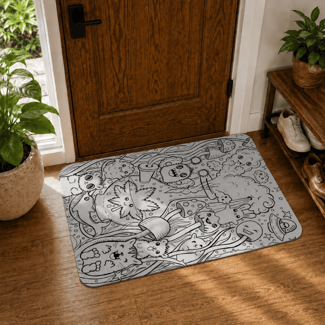 Black White Psychedelic Floor Mat Quick Dry Super Absorbent Non Slip Doodle Art