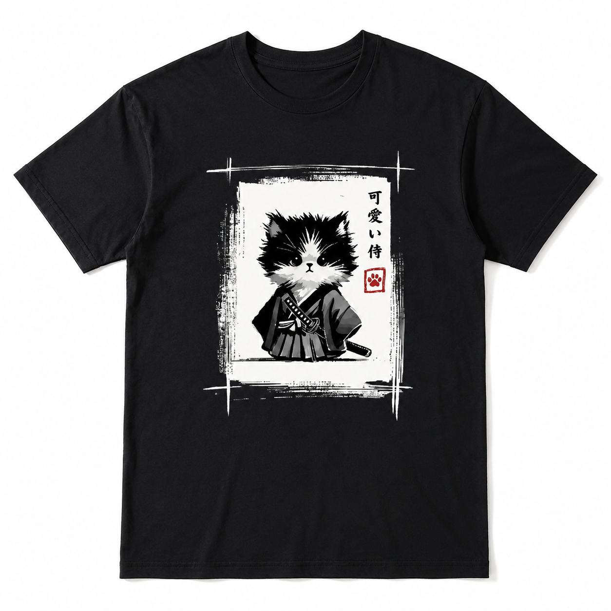 Japanese Samurai Kitten T-Shirt - Cute Neko Graphic Tee - Aesthetic Anime Shirt