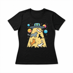 Women's Alien Cat UFO Abduction Graphic T-Shirt Retro Space Funny Tee Top