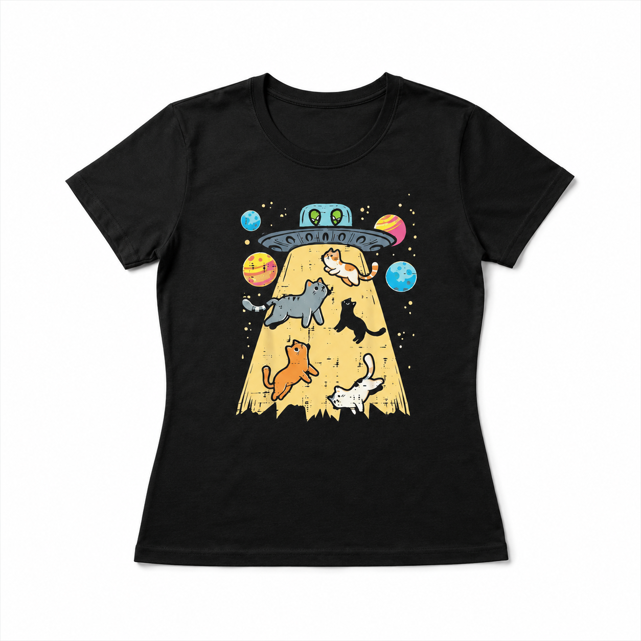 Women's Alien Cat UFO Abduction Graphic T-Shirt Retro Space Funny Tee Top
