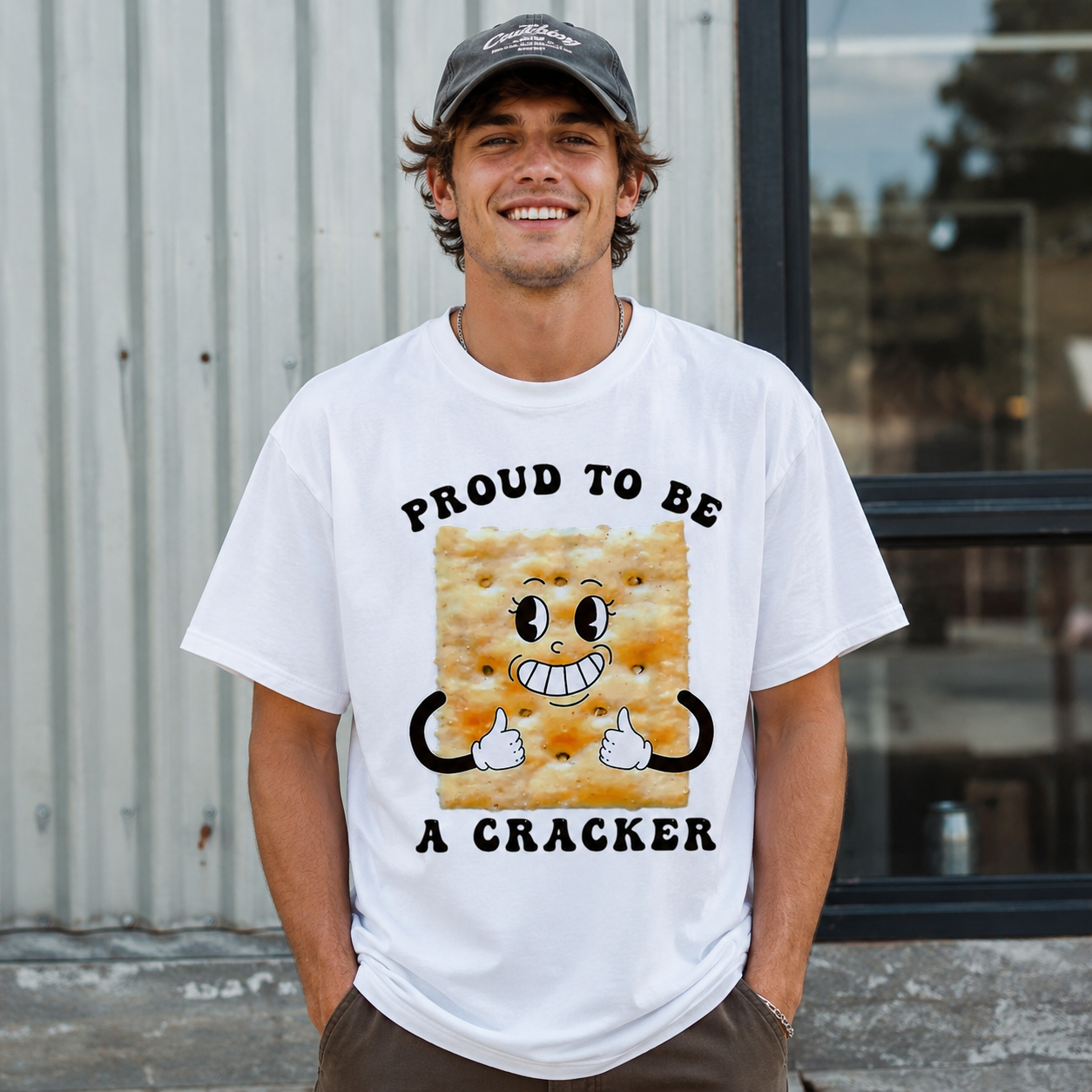 Proud To Be A Cracker Funny Graphic T-Shirt Food Pun Humor Black Tee