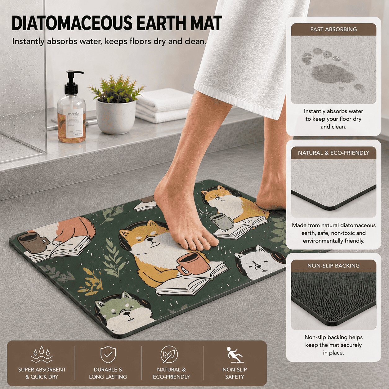 Shiba Inu Bath Mat Quick Dry Super Absorbent Non Slip Kawaii Botanical Design