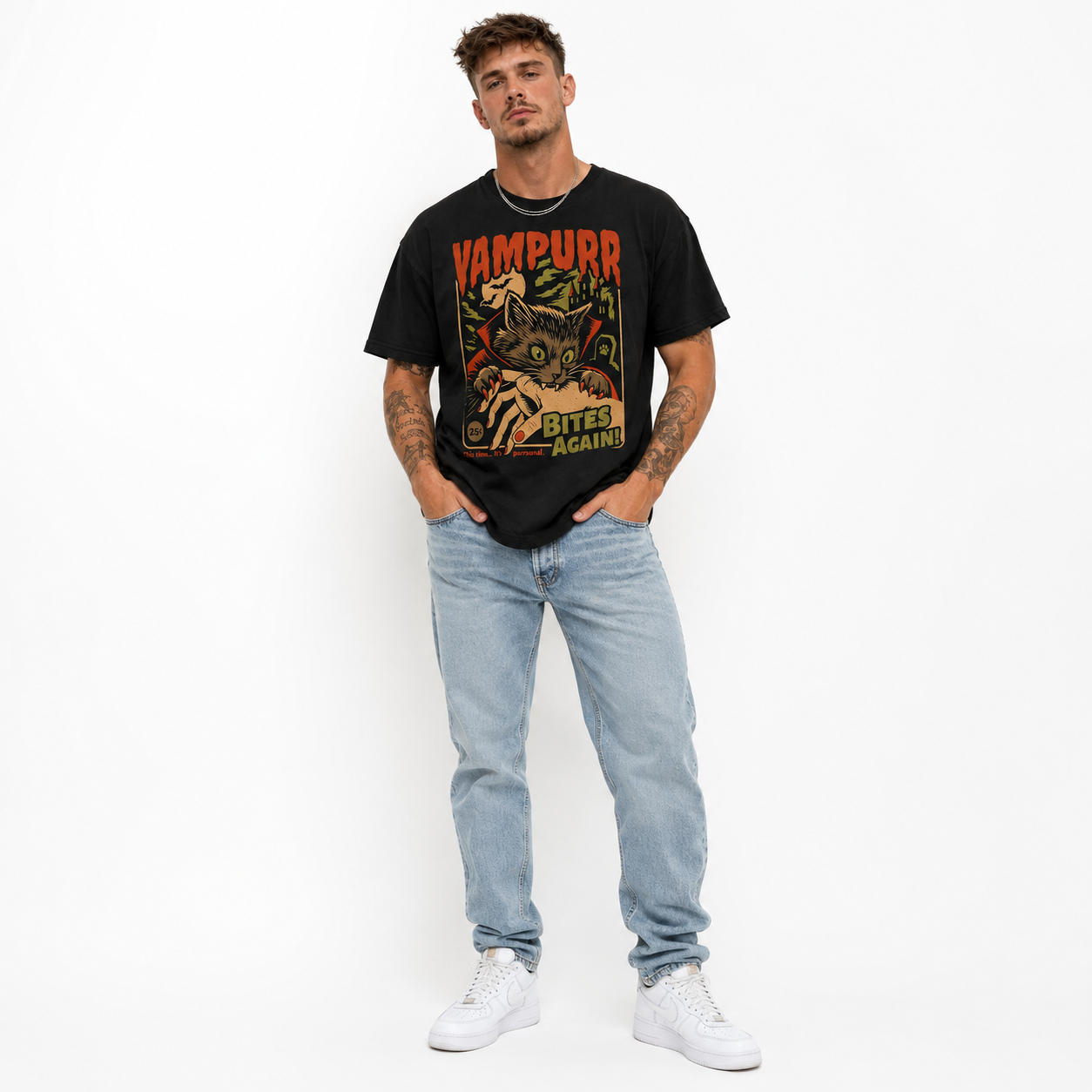 Vampurr Bites Again Vampire Cat Halloween Spooky Vintage Graphic Men's T-Shirt