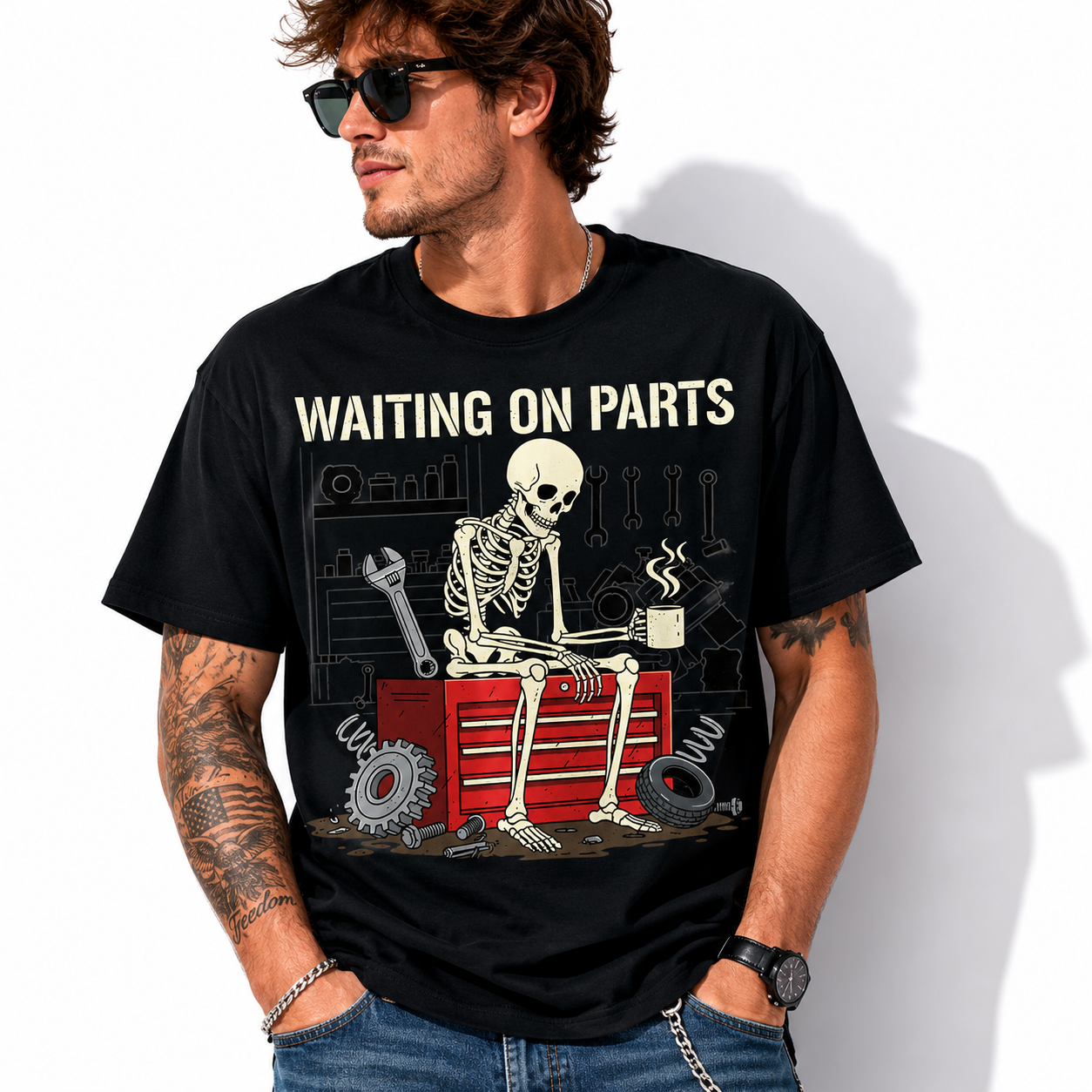 Funny Mechanic Skeleton T-Shirt | Waiting On Parts Graphic Tee