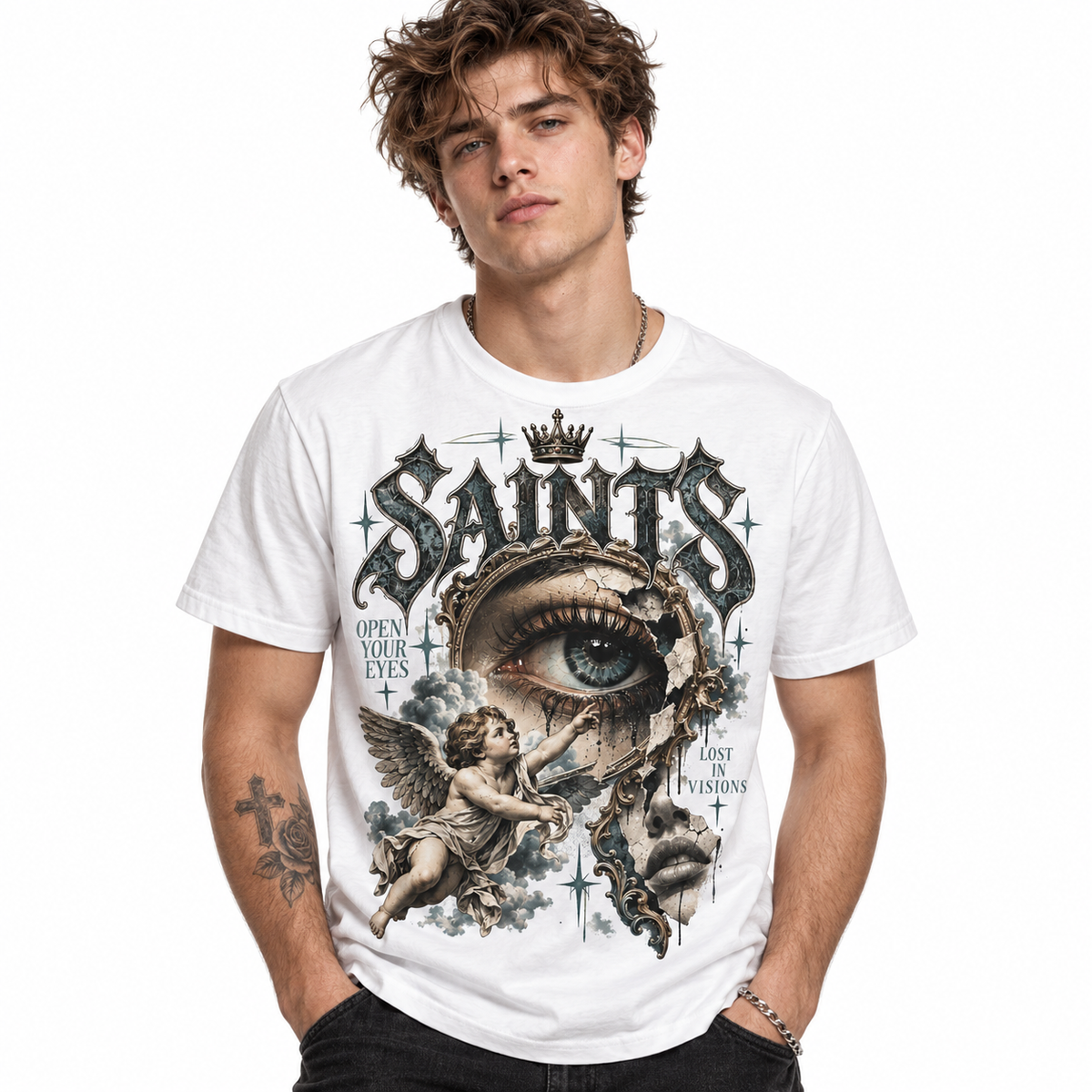 Saints Open Your Eyes Angel Vision Street Art Men's Graphic T-Shirt