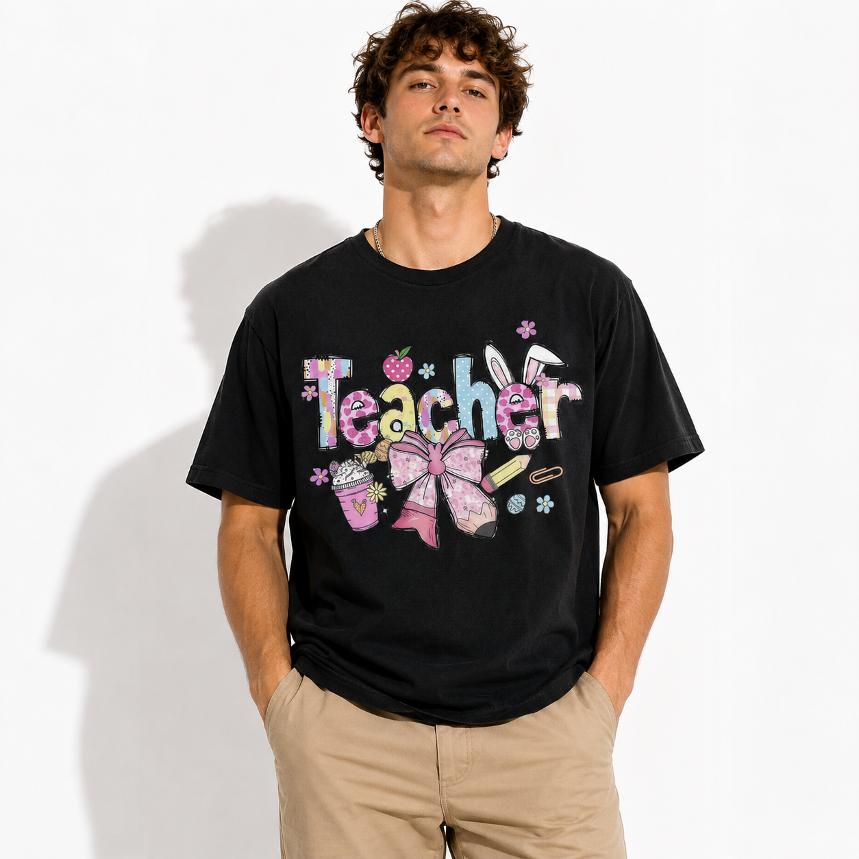 Cute Teacher Graphic T-Shirt Pastel Bow School Tee for Men