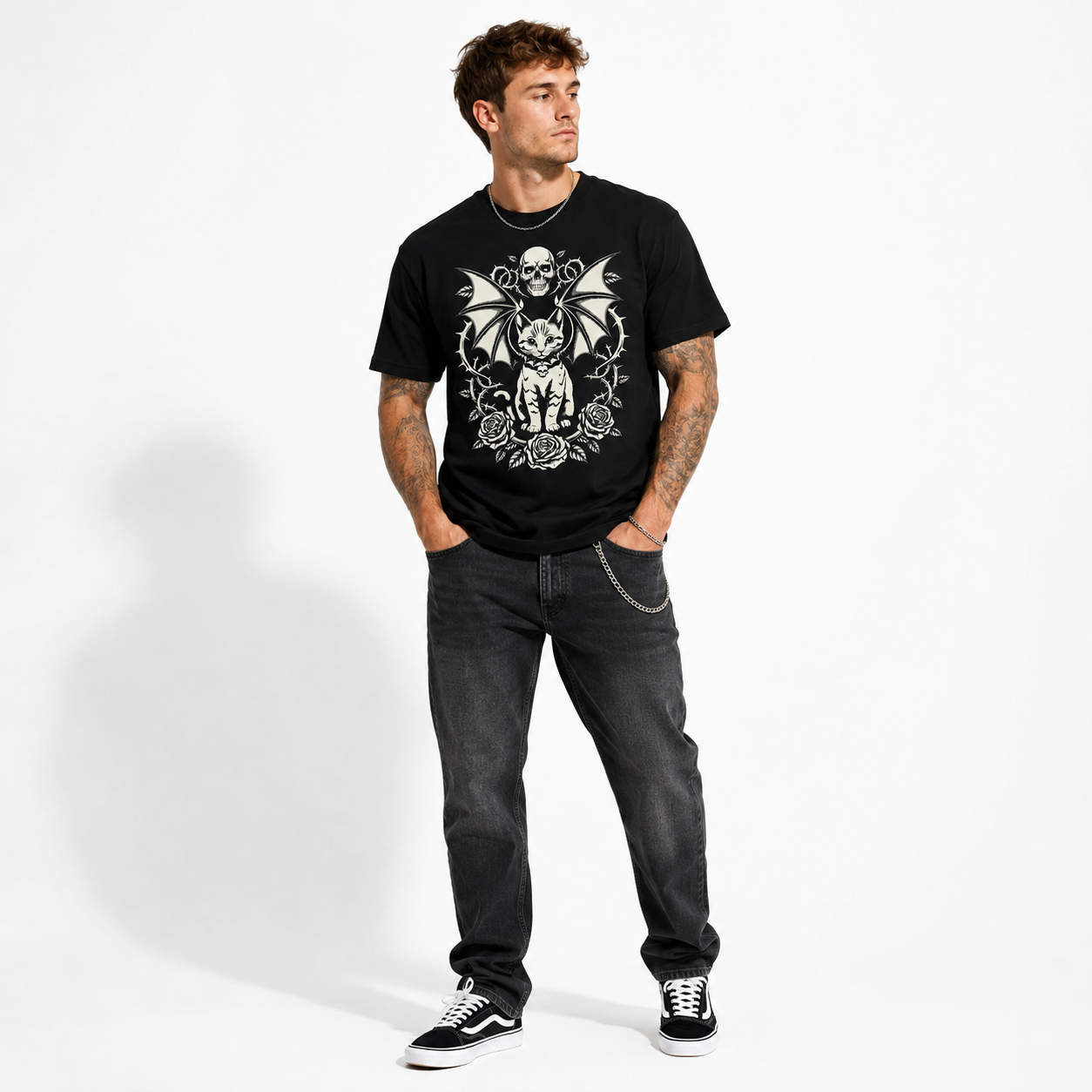 Gothic Bat Wing Cat Skull Roses Halloween Dark Art Graphic Men's T-Shirt