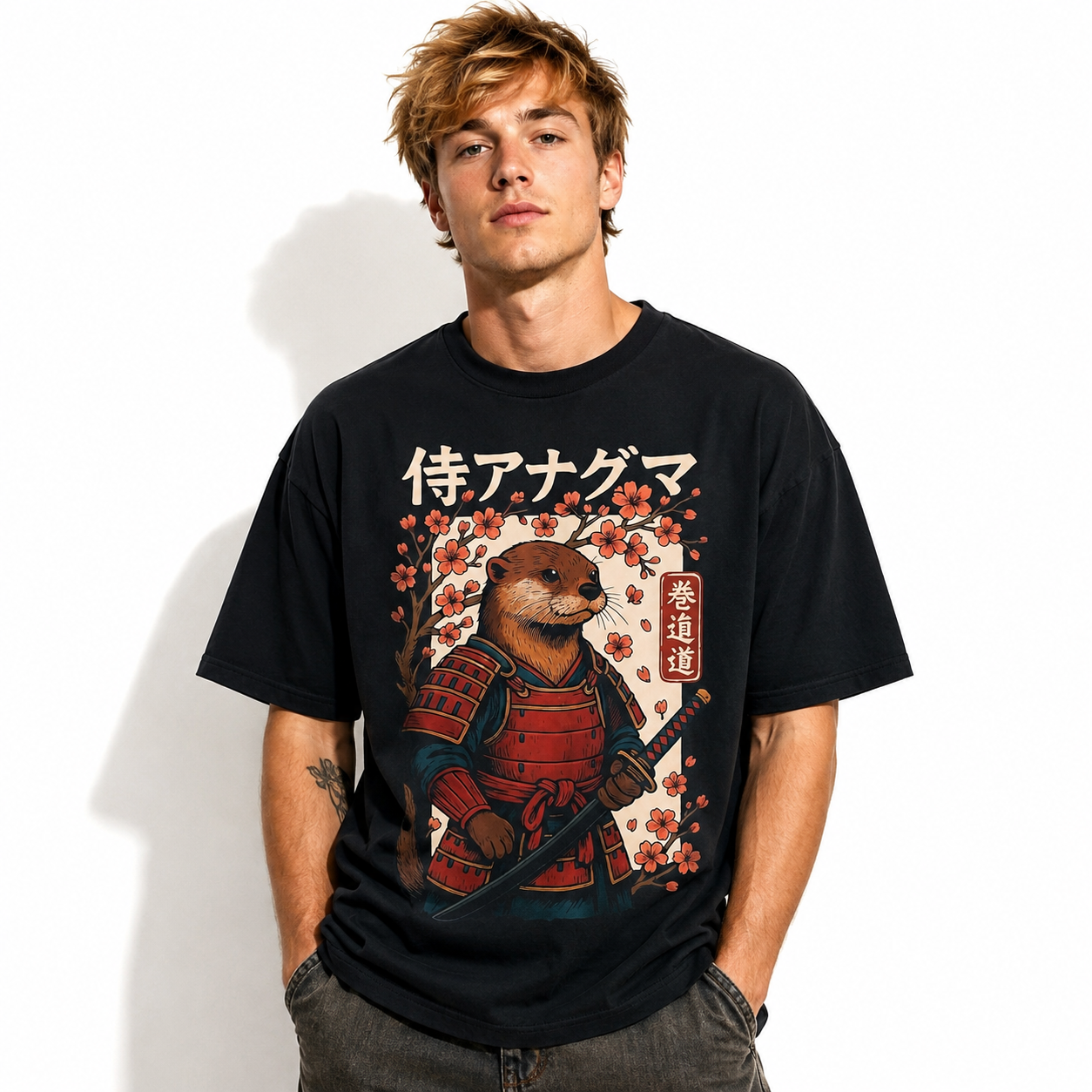 Otter Samurai Graphic T-Shirt Cute Japanese Warrior Animal Tee