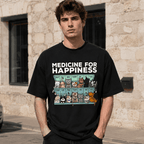 Cute Cat Graphic T-Shirt Medicine for Happiness Funny Cat Lover Tee Casual Shirt
