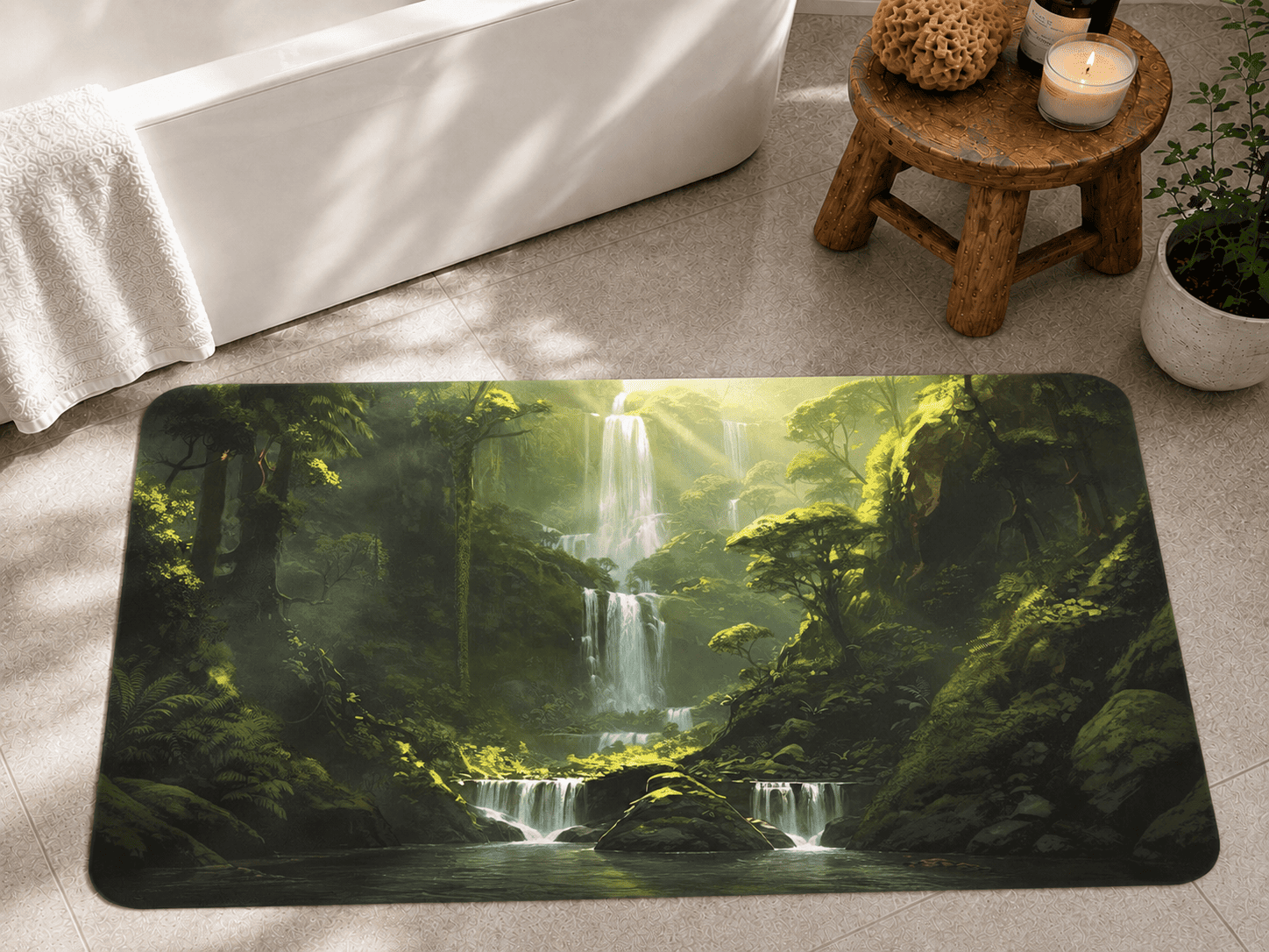 Jungle Waterfall Kitchen Mat Quick Dry Super Absorbent Non Slip Nature Decor