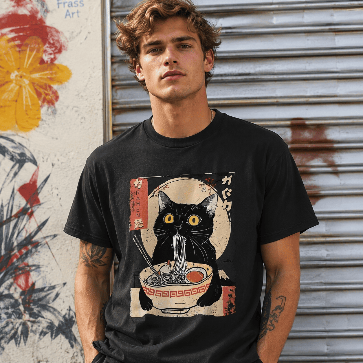Men's Vintage Japanese Ramen Cat T-Shirt - Kitten Eating Noodles Print