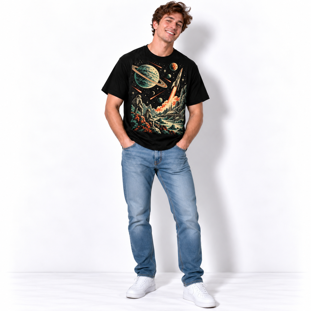 Retro Space Adventure Astronaut Rocket Planet Men's Graphic T-Shirt