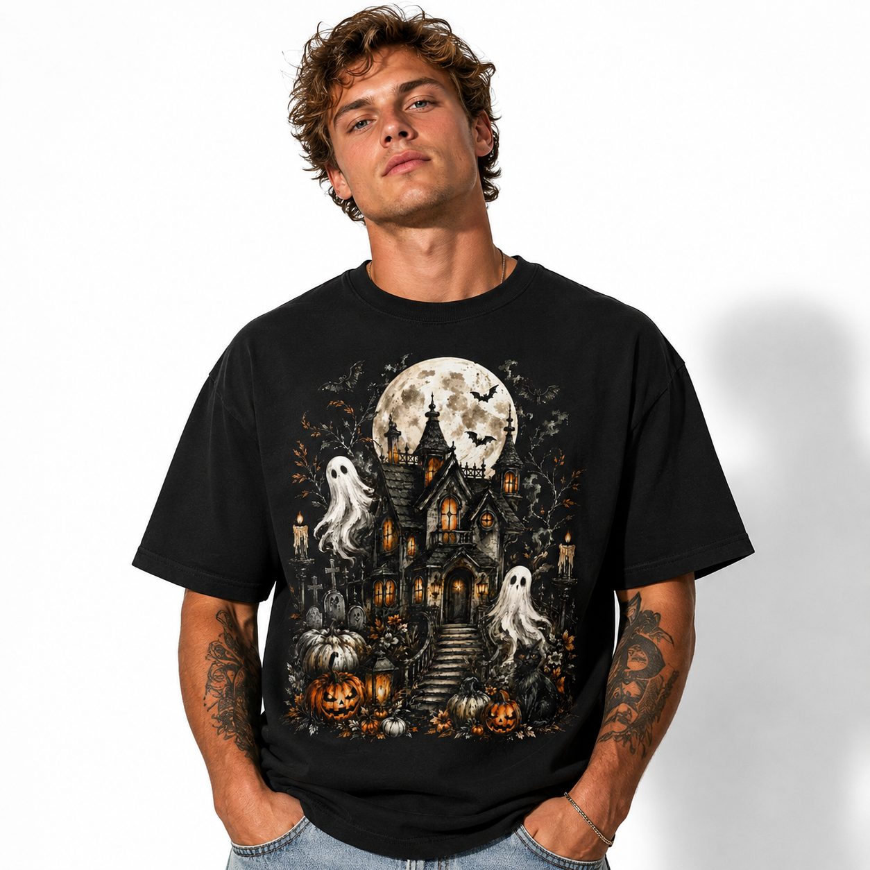 Haunted House Ghost Pumpkin Spooky Halloween Gothic Graphic Men's T-Shirt