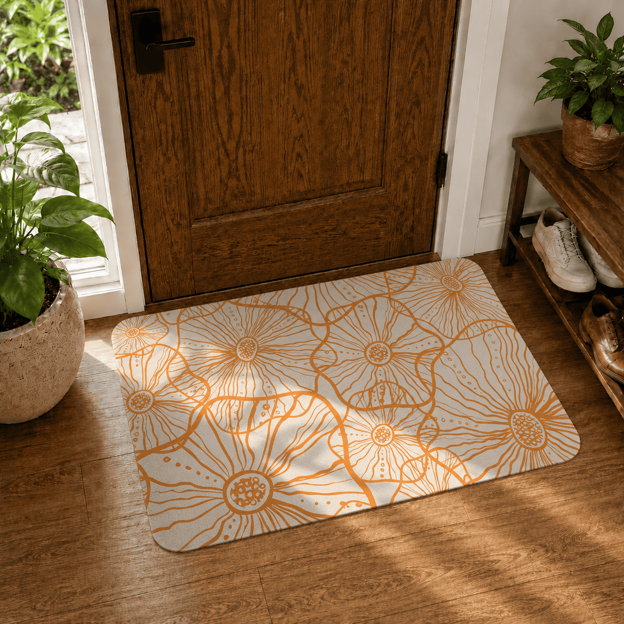 Orange Floral Summer Floor Mat Quick Dry Super Absorbent Non Slip Scandi Decor