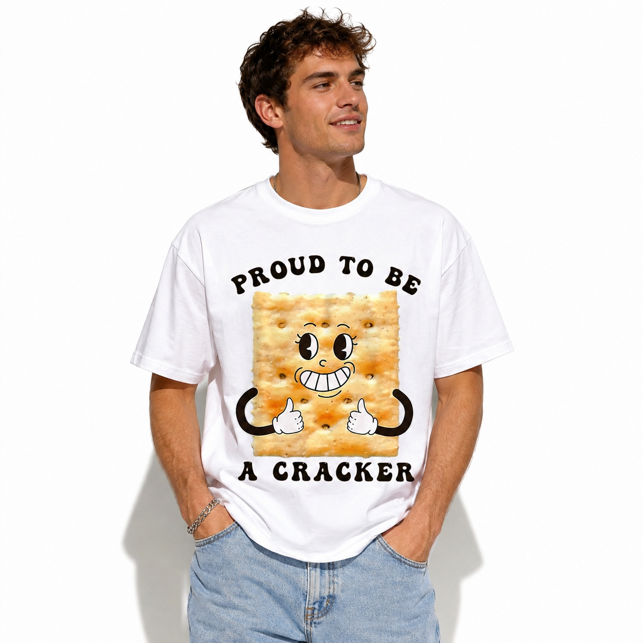 Proud To Be A Cracker Funny Graphic T-Shirt Food Pun Humor Black Tee