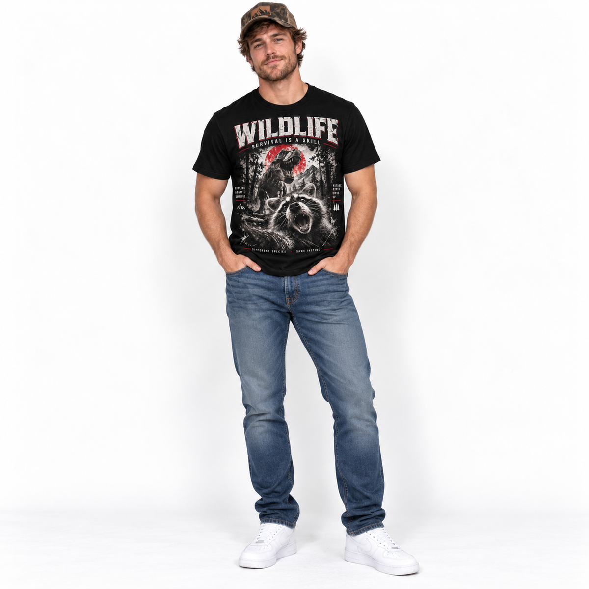 Raccoon Selfie T-Rex Dinosaur Forest Funny Meme Men's T-Shirt