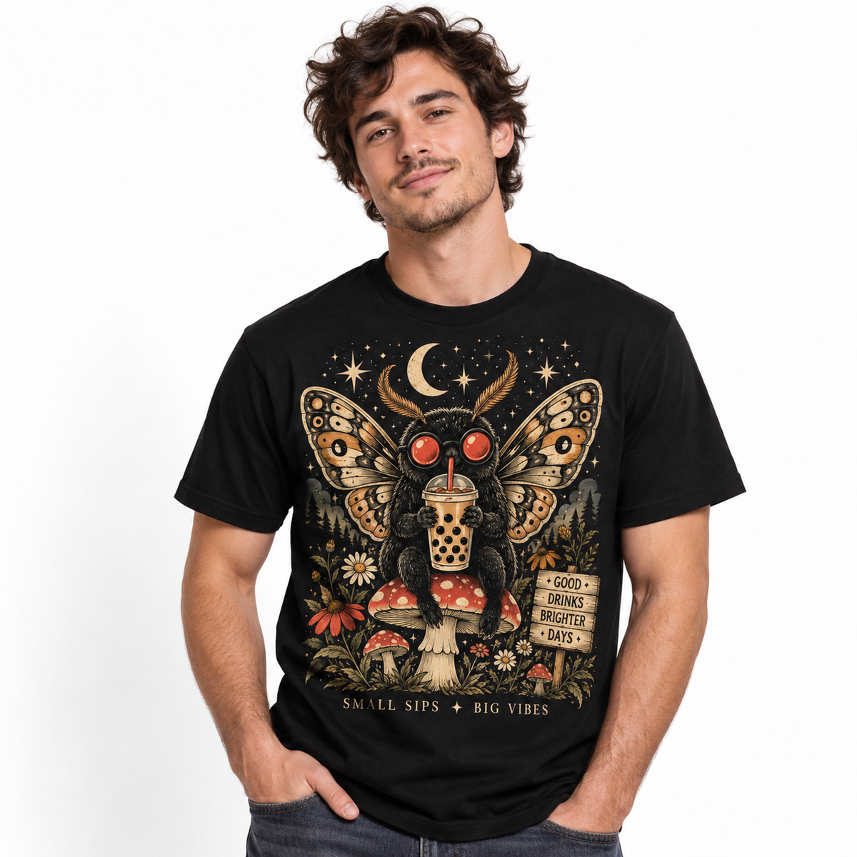 Cute Mothman Boba Tea Mushroom Forest Men's Graphic T-Shirt
