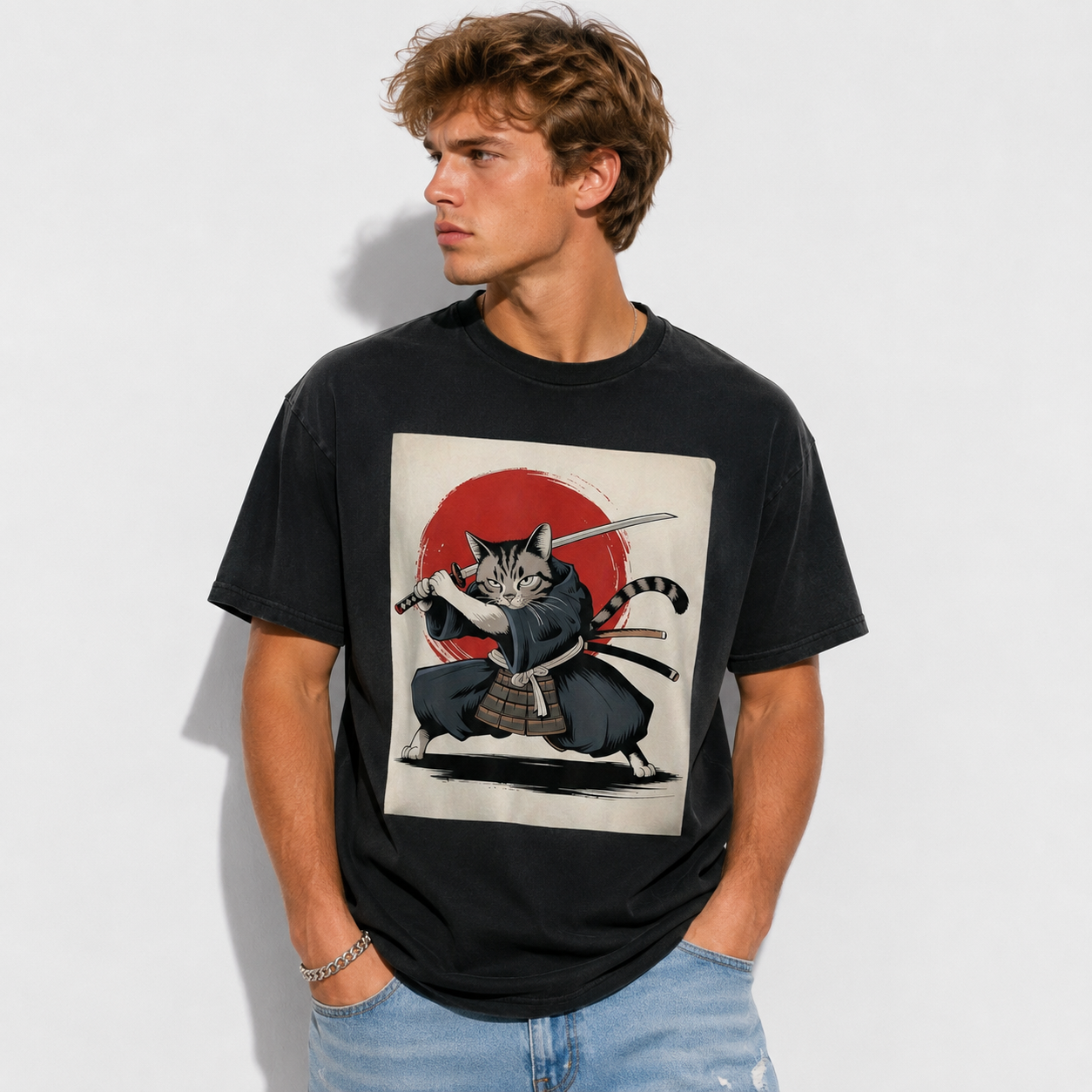 Samurai Cat T Shirt Vintage Ukiyo E Funny Warrior Cat Japanese Graphic Tee