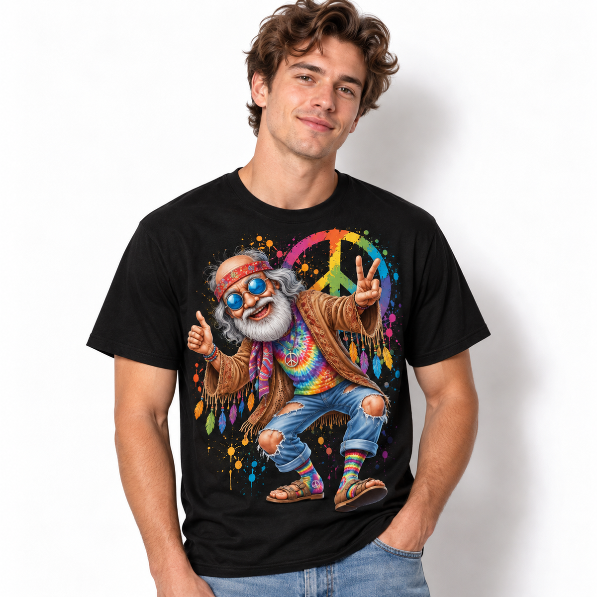 Funny Hippie Grandpa Peace Sign Tie Dye Men's Graphic T-Shirt