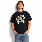 Cute Cat Graphic Tee Kitten Peek Hole Funny T-Shirt Casual Cotton Shirt
